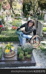cemetery on a woman in a wheelchair. watering the flowers on a grave.