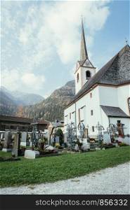 Cemetery with graves and church