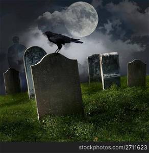 Cemetery with old gravestones and moon