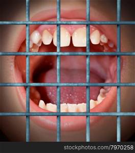 Censorship and free speech concept with a shouting or yelling human mouth behind prison bars as a symbol of a communication ban or banned from communication due to restrictions in the media guidlines and internet police.
