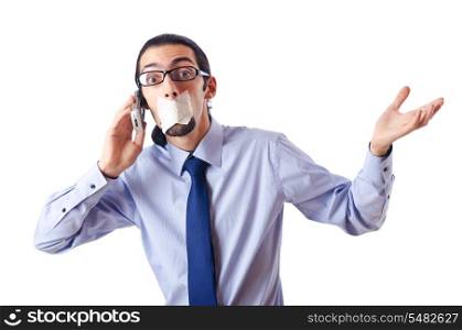 Censorship concept with tight lipped businessman