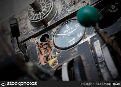 Center console and throttles in an old Russian airplane
