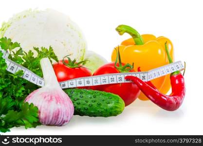 centimeter and healthy food on a white background