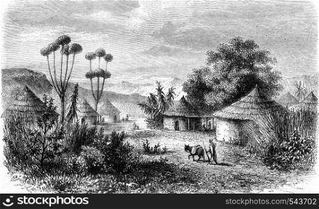 Central Africa, View of the village of Muglebu, in the country of Mousgou, vintage engraved illustration. Magasin Pittoresque 1858.