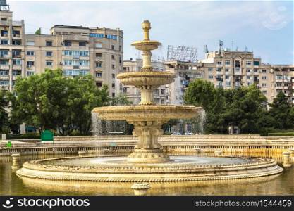Central city fountain in a summer day in Bucharest, Romania