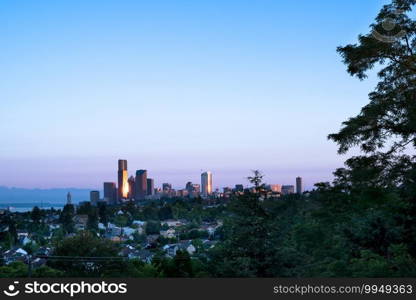 Central District Neighborhood and downtown at dawn, Seattle, Washington, USA