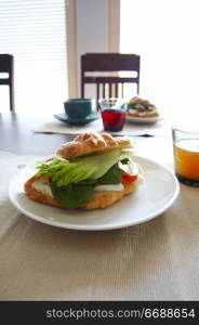 Central european style breakfast plate with soft drinks