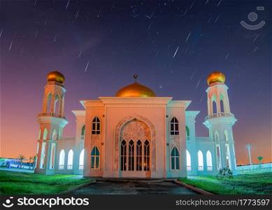 Central Mosque of Ayutthaya at night with a beautiful sky with comets.. Central Mosque of Ayutthaya