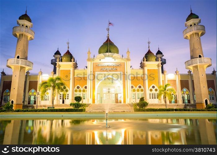 Central mosque with reflection at dusk, Pattani, Thailand