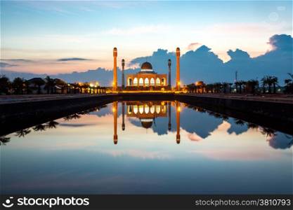 Central mosque with reflection at dusk, Songkhla, Thailand