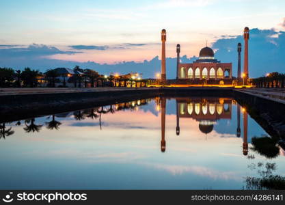 Central mosque with reflection at dusk, Songkhla, Thailand