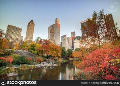 Central Park in Autumn with colorful trees and skyscrapers 