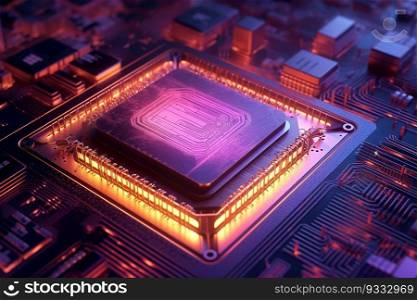 Central Processing Unit with Neon Lights Integrated Microchip on Motherboard Background
