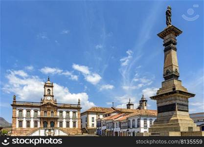 Central square of the old and famous city of Ouro Preto in Minas Gerais with its colonial-style houses, monuments and historic buildings.. Central square on Ouro Preto city