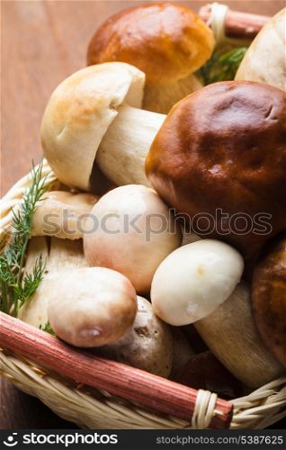 Ceps in the basket prepared for cooking on the table
