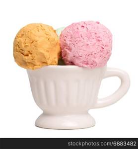Ceramic bowl of various colorful ice cream balls isolated on white background. From side view.