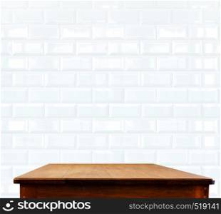 ceramic brick tile wall and wooden table.