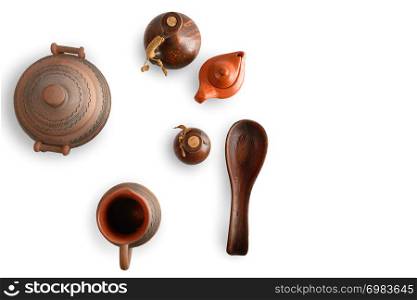 Ceramic crockery isolated on white background. Top view. Copy space