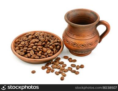 ceramic cup of coffee beans isolated on white background