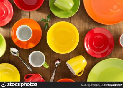 ceramic dishes set on wood. ceramic dishes set on wooden background