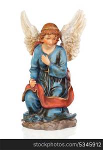 Ceramic figure of the angel of the nativity scene isolated on a white background