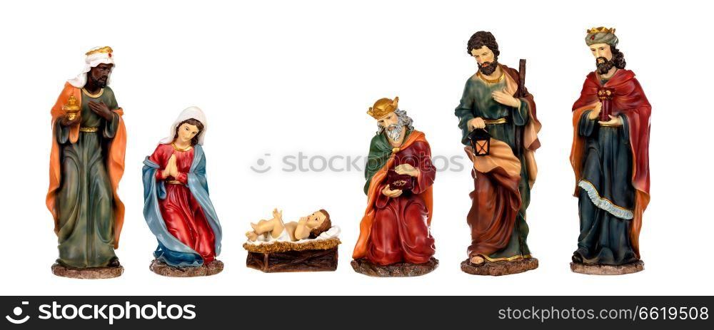 Ceramic figures for the nativity scene isolated on a white background