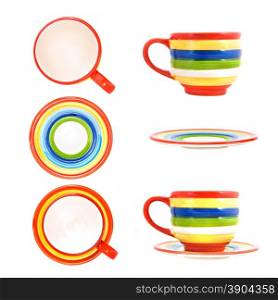 Ceramic funny color cup with saucer isolated on white