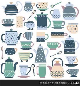 Ceramic kitchen teacup. Porcelain tea service, china teapot and plate dishes. Tea cup and spoon ceramics home dessert serving traditional tableware vector isolated icons set. Ceramic kitchen teacup. Porcelain tea service, china teapot and plate dishes vector set