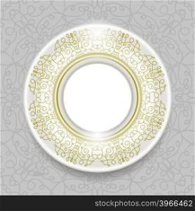 Ceramic Ornamental Plate Isolated on Grey Ornamental Background. Top View. Ceramic Ornamental Plate Isolated on Grey