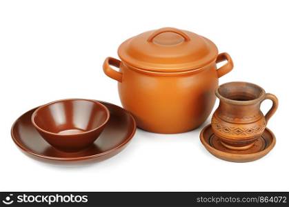 Ceramic pan, set of plates and clay cup isolated on white background.
