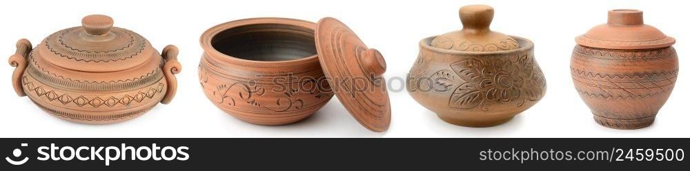 Ceramic pots with lids isolated on white background.
