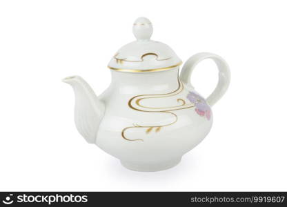 Ceramic teapot with ornament in classic style isolated on white background. Retro tea pot.