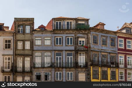 Ceramic tiles and balconies of apartments and homes in downtown Porto. Detail of old homes and apartments in downtown Porto