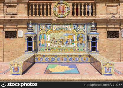 Ceramic tiles depicting the city of Cadiz in the Plaza de Espana, Seville, Spain