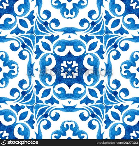 Ceramic tiles portuguese mosaic. Medierranean designs. Watercolor apinting seamless damask art.. Vintage tile seamless ornamental watercolor arabesque paint tile design pattern for fabric