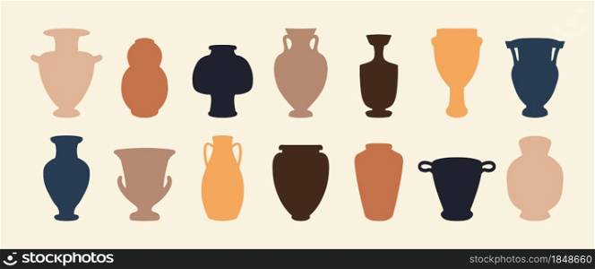 Ceramic vase. Old antic vessel and earthenware pottery, ancient jugs and pots decorative elements. Vector illustration interior ceramic set trendy pitcher. Ceramic vase. Old antic vessel and earthenware pottery, ancient jugs and pots decorative elements. Vector