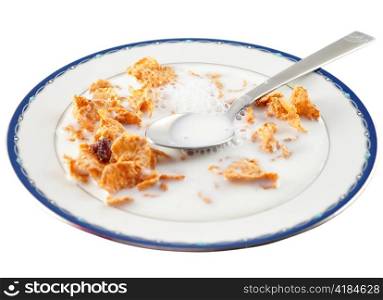 cereal and milk in a plate on white background