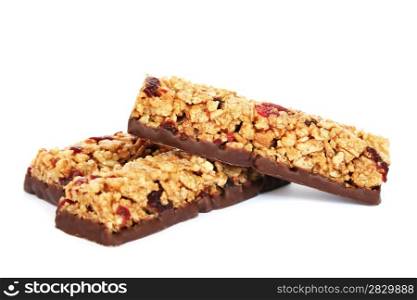 Cereal bars with chocolate isolated on white background.