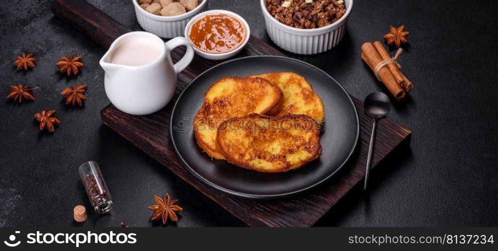 Cereal with chocolate, milk and bread in an egg against a dark concrete background. Delicious nourishing breakfast. Cereal with chocolate, milk and bread in an egg against a dark concrete background