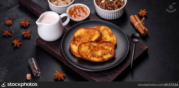 Cereal with chocolate, milk and bread in an egg against a dark concrete background. Delicious nourishing breakfast. Cereal with chocolate, milk and bread in an egg against a dark concrete background