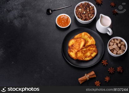 Cereal with chocolate, milk and bread in an egg against a dark concrete background. Delicious nourishing breakfast. Cereal with chocolate, milk and bread in an egg against a dark concrete background