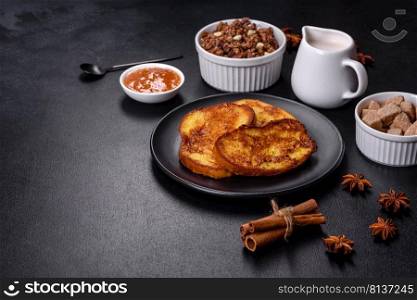 Cereal with chocolate, milk and bread in an egg against a dark concrete background. Delicious nourishing breakfast. Cereal with chocolate, milk and bread in an egg against a dark concrete background
