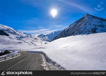 Cerler Ampriu ski area road with snow in Huesca Pyrenees of Spain