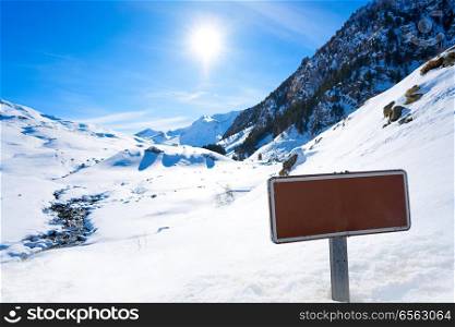 Cerler mountains road sign in Pyrenees of Huesca in Spain