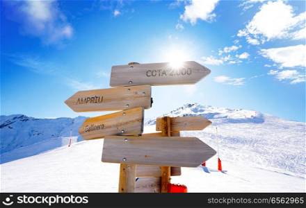 Cerler sky area snow signs in Pyrenees of Huesca at Spain