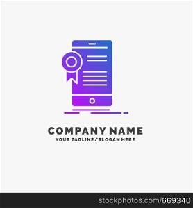 certificate, certification, App, application, approval Purple Business Logo Template. Place for Tagline.. Vector EPS10 Abstract Template background