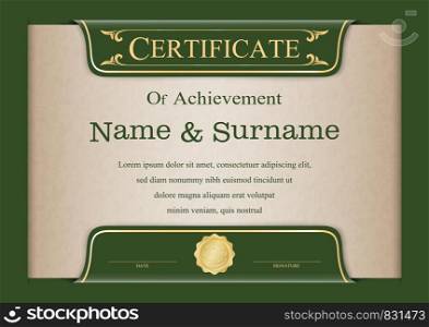 Certificate or diploma vintage style and design template with paper sheet, Award background. vector illustration