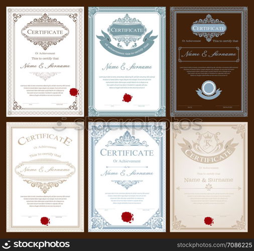 Certificate or diploma vintage style and retro design template vector illustration, vertical style