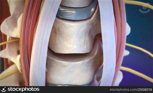 Cervical nerve roots exit the cervical spine through the intervertebral foramina between the vertebrae. 3D illustration. Human Spine In Details. Intervertebral Disc, Vertebral Foramen And Nerves