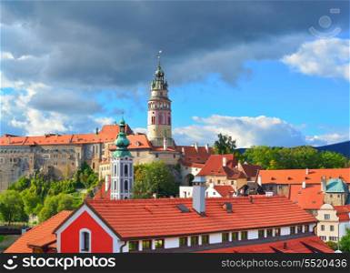 Cesky Krumlov. Gothic castle and Hradek tower. South Bohemian Region of the Czech Republic. Cesky Crumlaw on the Vltava River